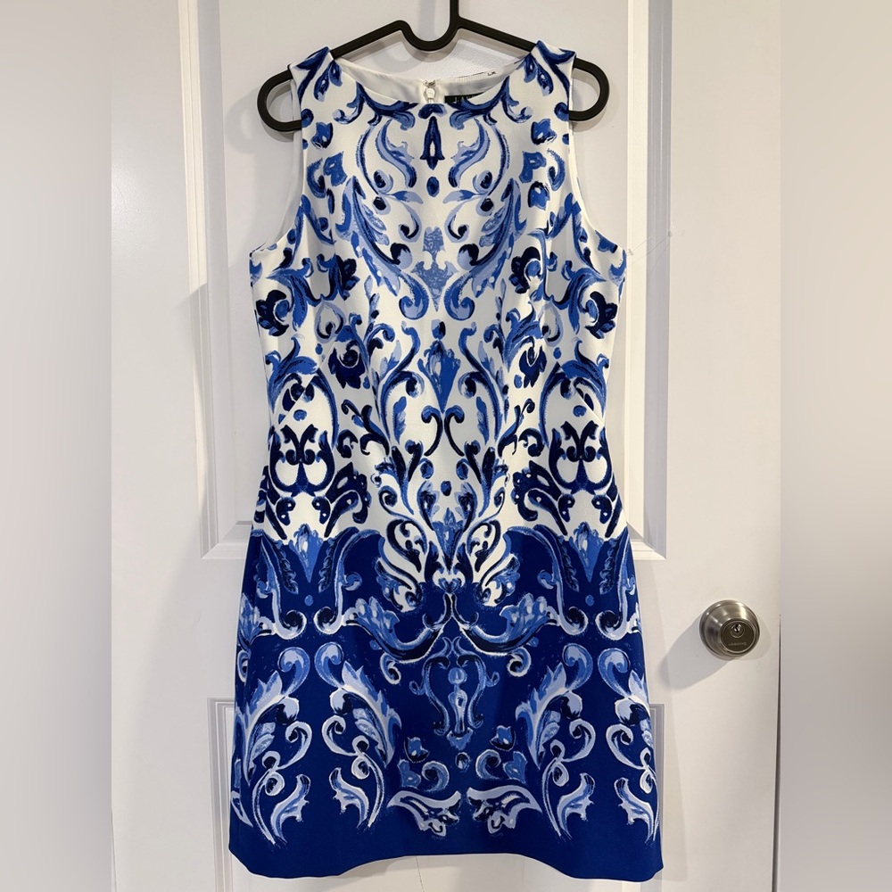 Ralph Lauren Blue and White Baroque Print Sheath Dress